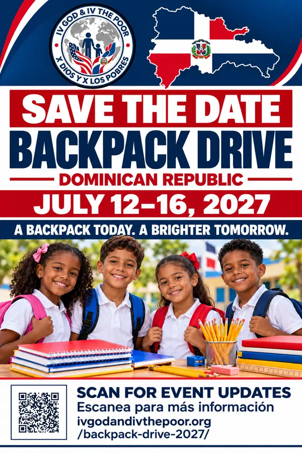 Official Dominican Republic Backpack Drive flyer with schoolchildren, July 12–16, 2027 dates, and a QR code for event updates