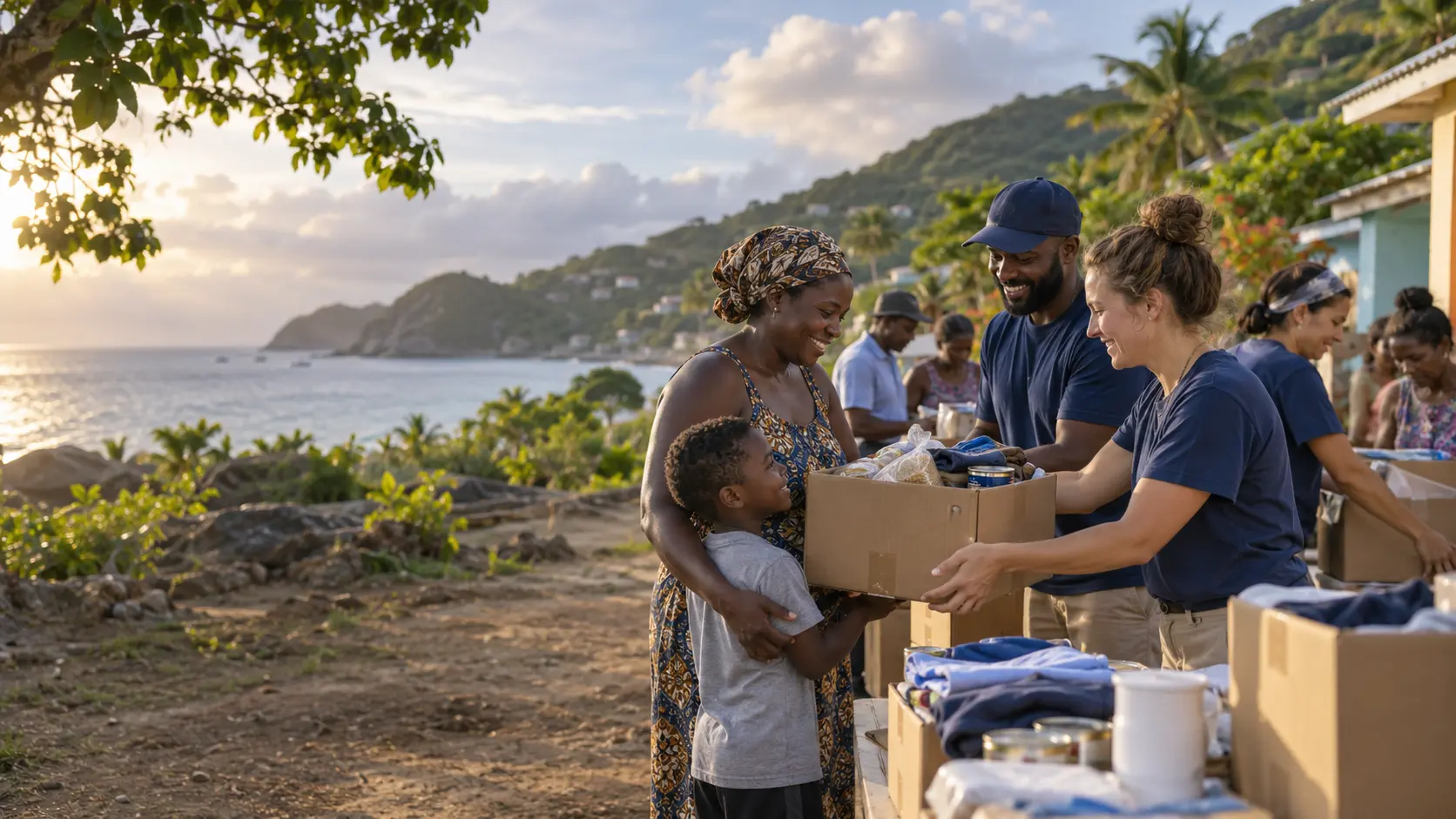 Volunteers sharing humanitarian supplies with a family in the Dominican Republic
