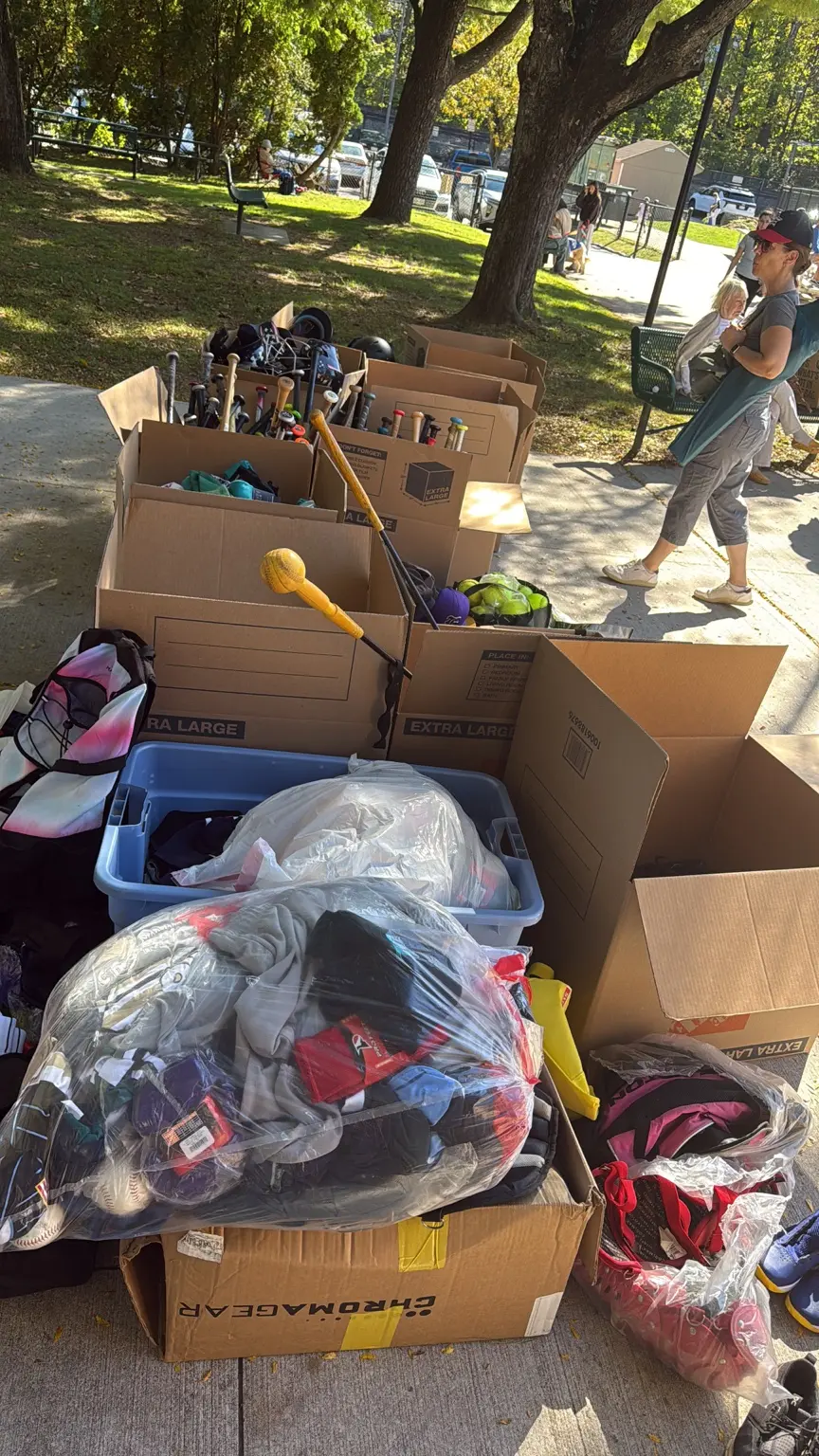Donated baseball gear packed for shipment