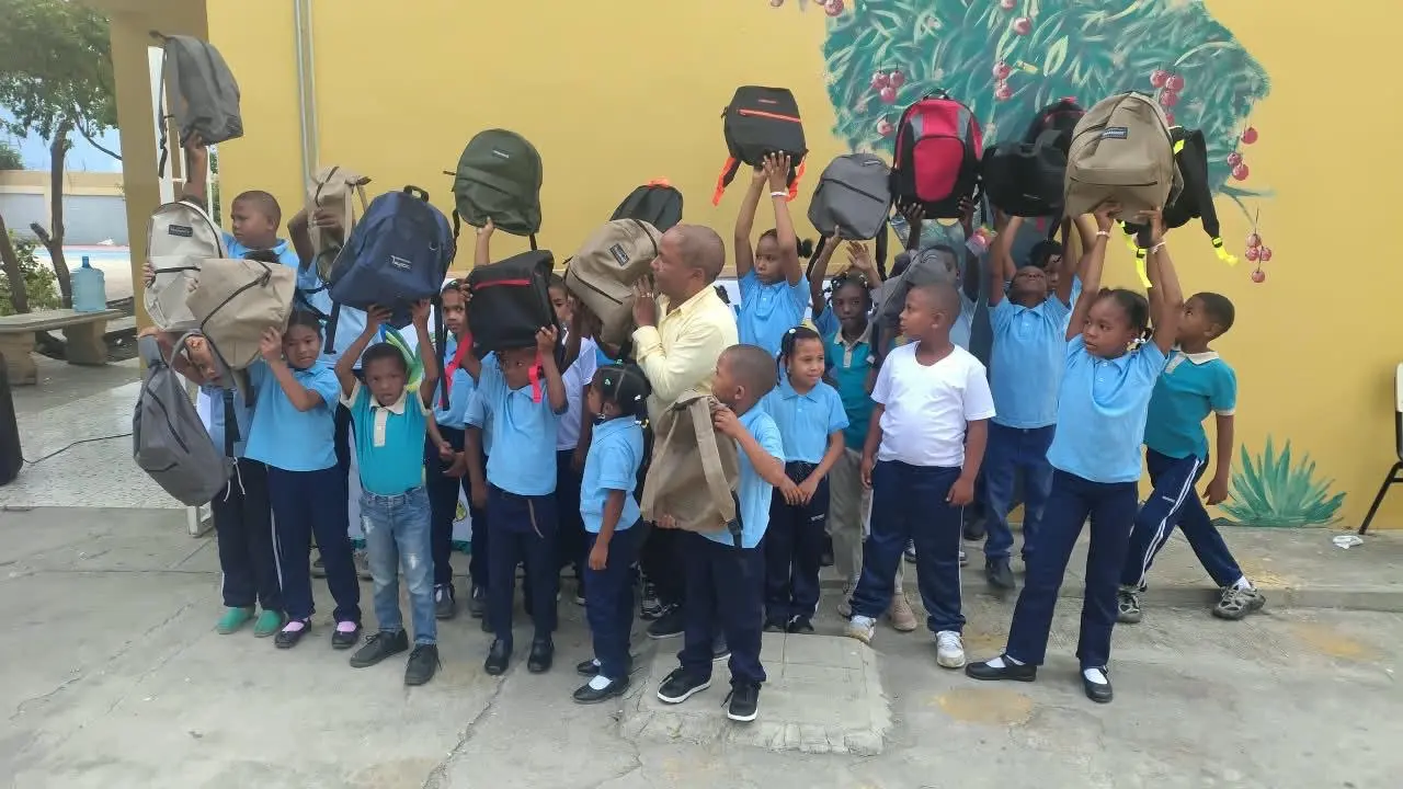 A joyful group of schoolchildren celebrating their backpacks